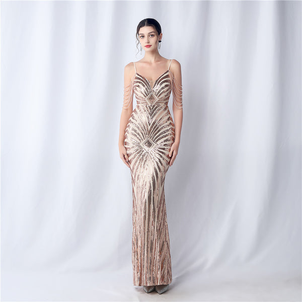 Plus Size Women Beaded Sequined Camisole Evening Dress