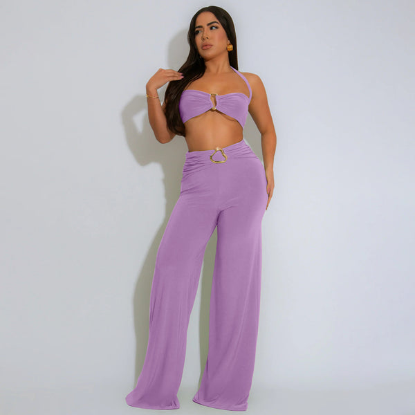 Women Summer Decorative Button Solid Sexy Halter Neck Top and Long Skirt Two-Piece Set