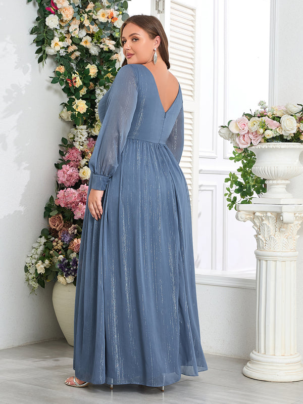 Plus Size Women Long Sleeve Double V-Neck Pleated Evening Dress