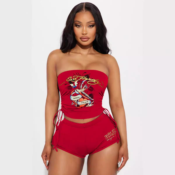 Printed Strapless Tube Top & Shorts Two-Piece Set for Summer