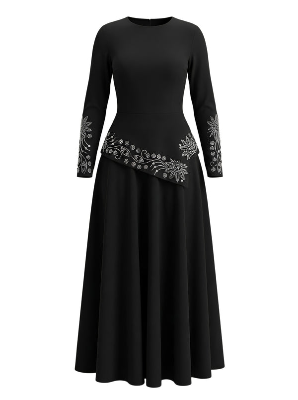 Women Long-Sleeve Elegant Casual Rhinestone Round Neck Dress