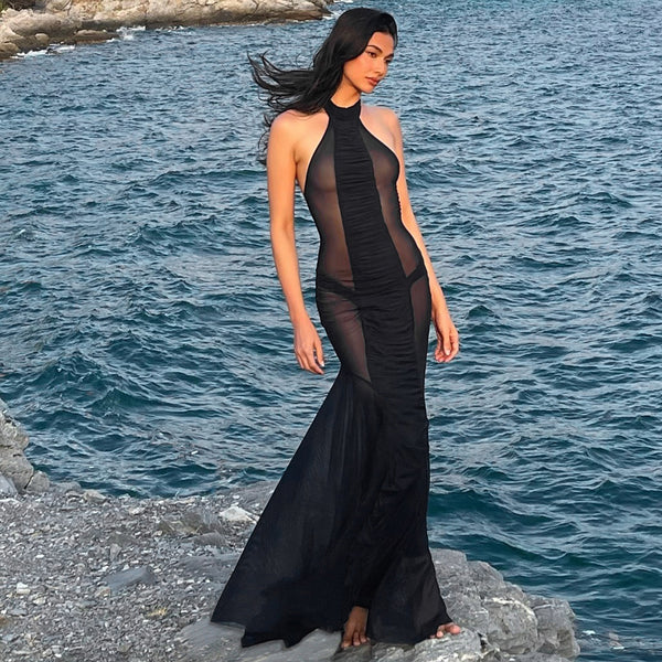 Halter Neck Mesh Patchwork Dress for Spring Events