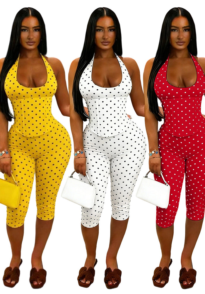 Halter Polka Dot Fishbone Zip Seven-Point Jumpsuit