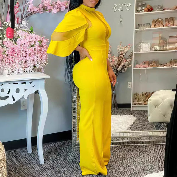Casual Slash Shoulder Button Cutout Wide Leg Jumpsuit