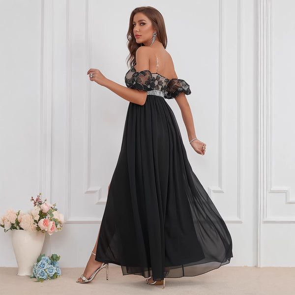 Strap Lantern Sleeve Sequin Embroidery Chiffon Split Dress