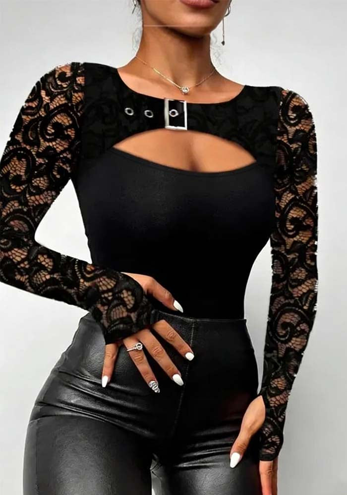 Women Sexy lace patchwork asymmetrical long-sleeved top