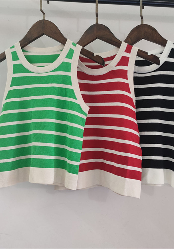 Women Spring Summer Round Neck Striped Knitting Tank Top