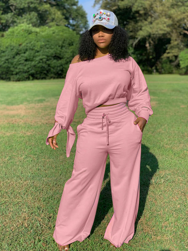 Women's Sexy Casual Solid Round Neck Lace-Up Sleeve Two-Piece Pants Set