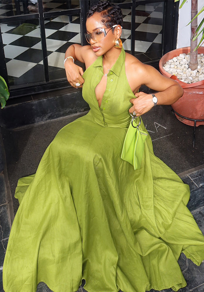 Halter V-Neck Sleeveless Button Dress for Summer