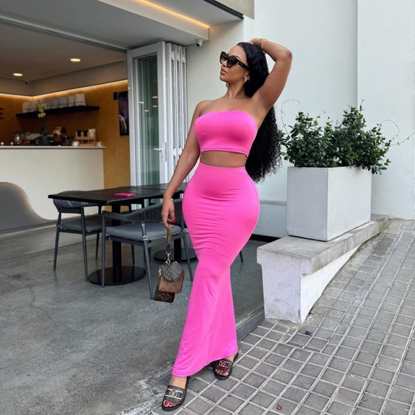 Women Summer Solid Sleeveless Strapless Top and Skirt Two-Piece Set