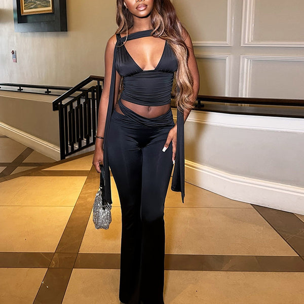 Women Sexy Solid Sleeveless V-Neck Crop Top and Pants Two-Piece Set