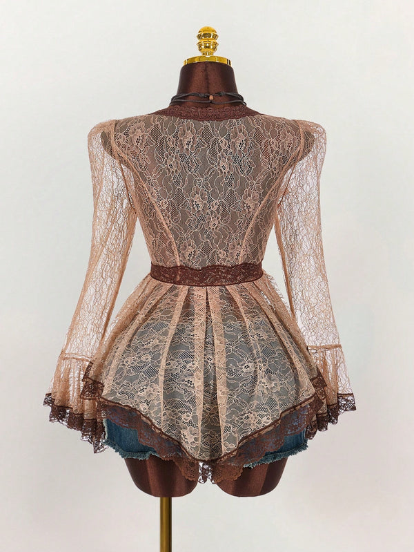 Lace Patchwork See-Through Bell Sleeve Top for Evening Layering