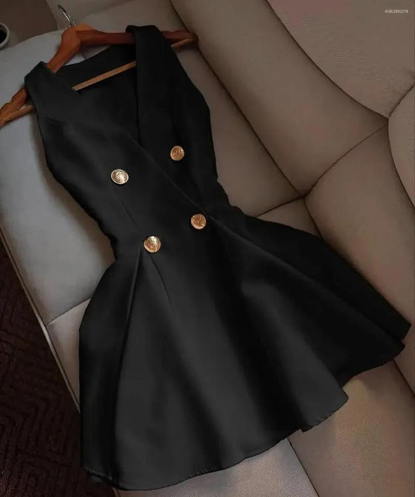 V-Neck Sleeveless Button-Down Solid Dress for Summer Casual