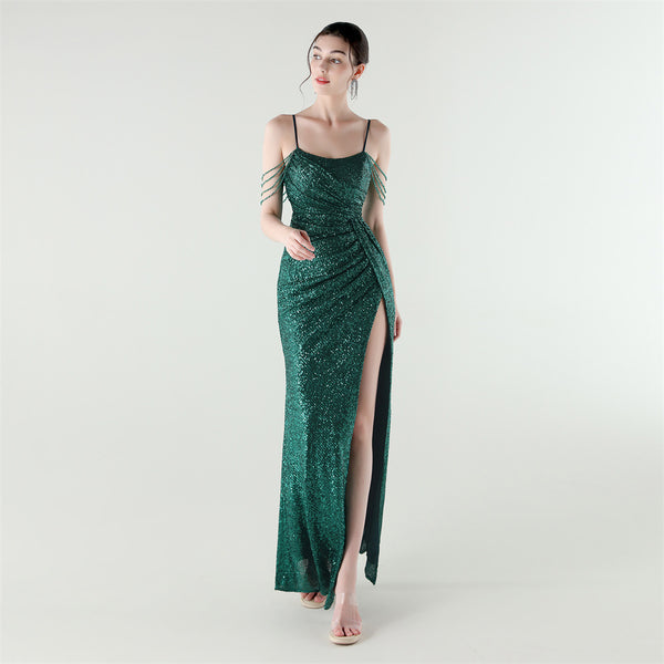 Sexy Low Back Fishtail Sequin Evening Dress Beaded Slim Dinner Gown