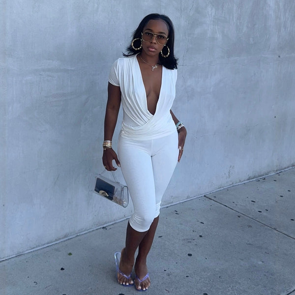 Deep V Cross-Wrap Short-Sleeve Top & High-Waisted Cropped Pants Set for Casual Wear