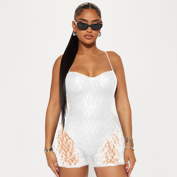 Women's Sexy Fake Two-Piece Strap Low Back Lace Patchwork Jumpsuit