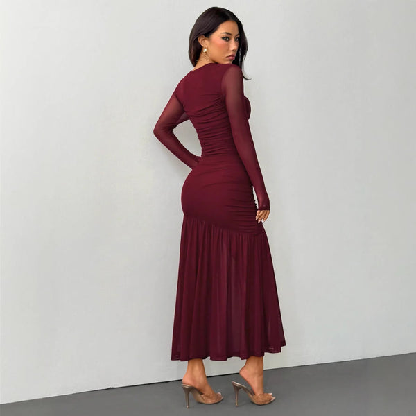 Women Elegant Solid mesh Patchwork Round Neck Long-Sleeve Dress