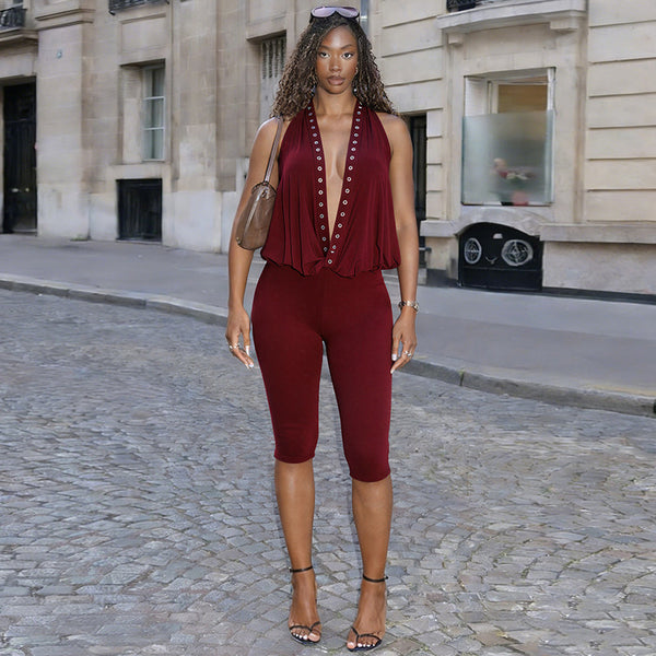 Studded Halter Backless 3/4 Jumpsuit for Spring Club Nights