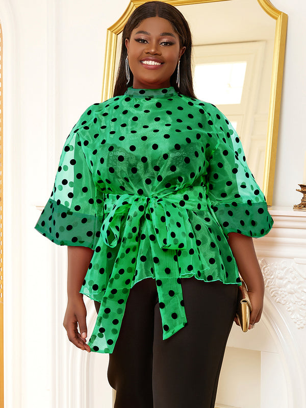 Plus Size Polka Dot See-Through Organza Blouse for Evening Outings