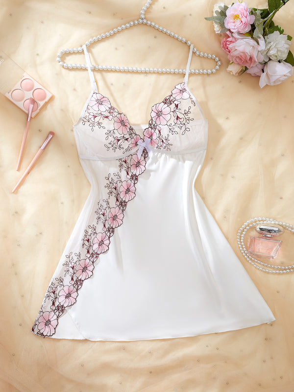 Women sexy See-Through embroidered lace satin slip dress sexy lingerie two-piece set