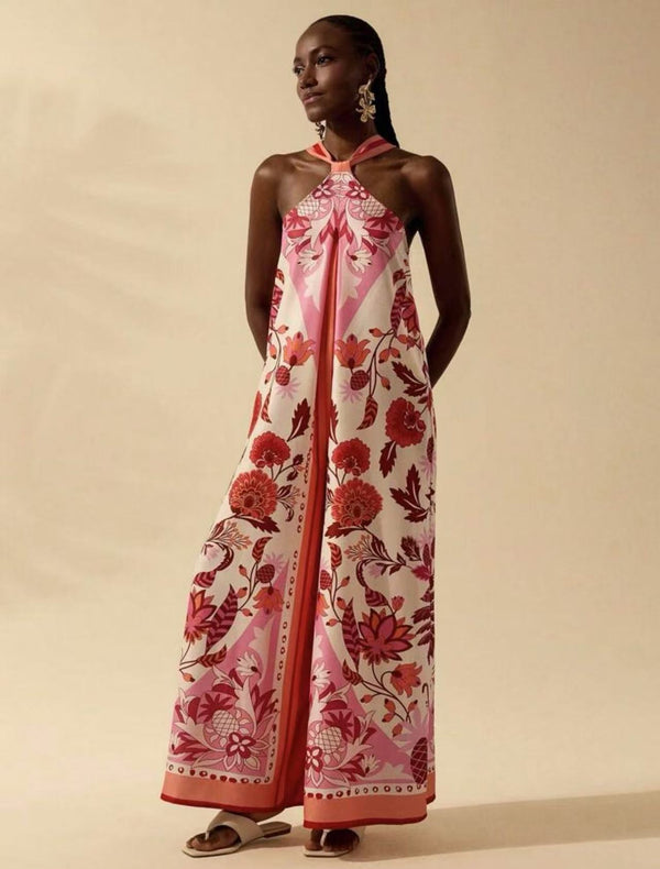 Printed Halter Neck Sleeveless Wide-Leg Jumpsuit for Summer