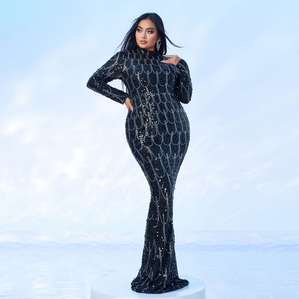 Plus Size Women Long Sleeve Round Neck Formal Party Sequined Fishtail Evening Dress