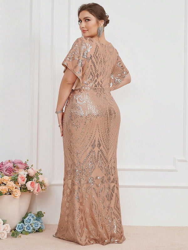Plus Size Formal Party Elegant Gold Sequin Bodycon Evening Dress