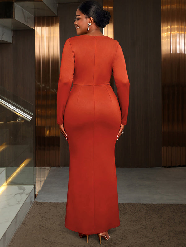 Plus Size Women's Beaded Long Sleeve Sheer Mesh Collar Slim Waist Slit Chic Formal Party Long Dress