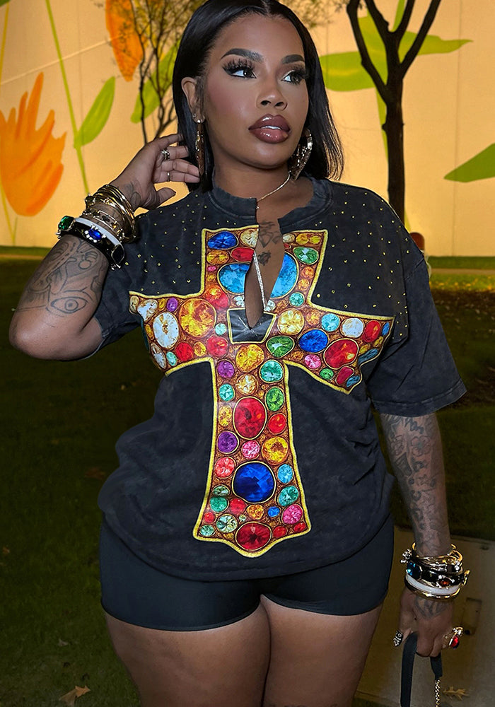 Washed Oversized Cross Print Rhinestone T-Shirt