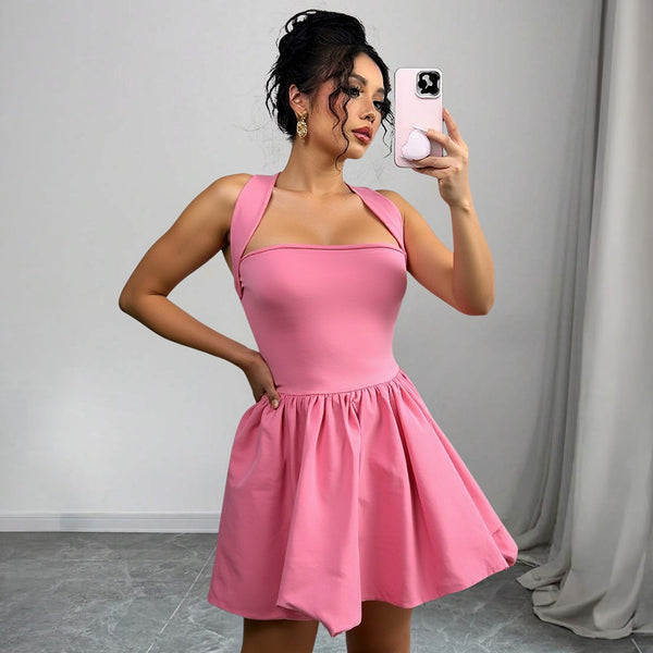 Pink Square Neck Backless Sleeveless A-Line Summer Dress