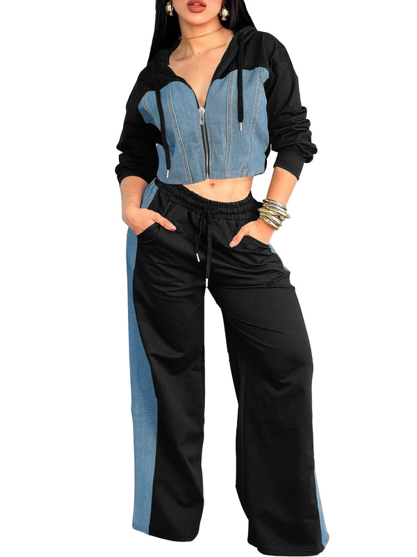 Denim Patchwork Zipper Long-Sleeve Top & Wide Leg Pants Set for Spring Casual