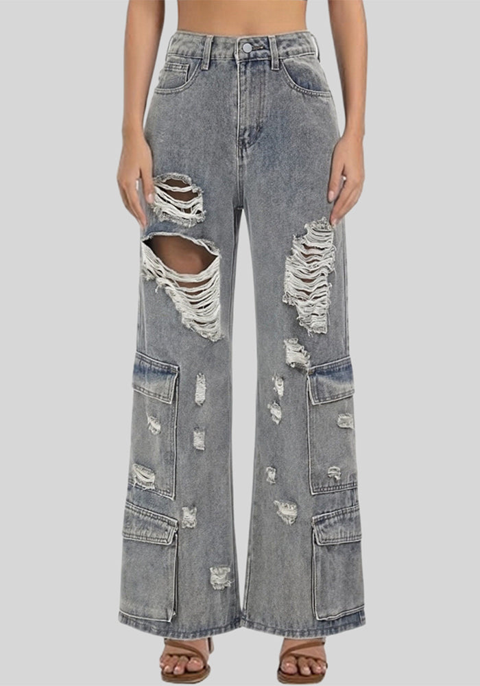 Ripped Wide Leg Cargo Denim Pants for Streetwear