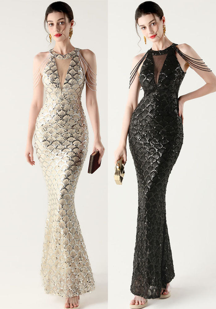 Sequin Fishtail Evening Dress Beaded Chain Formal Gown
