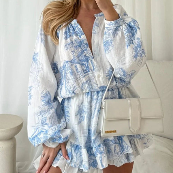 Printed Lantern Long-Sleeve Dress for Spring Outings