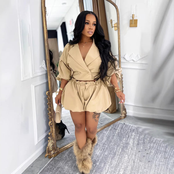 Turndown Collar Crop Top & Waist Tie Shorts Set for Casual Outings