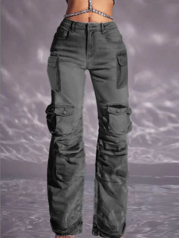 Multi-Pocket Patchwork Cargo Denim Jeans for Casual Wear