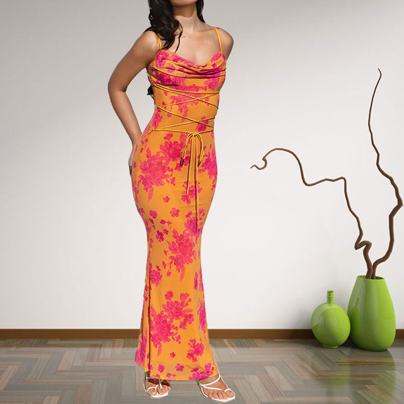 Women Sexy Backless Printed Camisole Dress