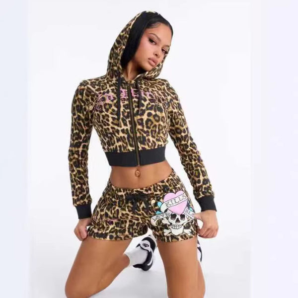 Women Printed Long-Sleeve Top and Shorts Two-Piece Set