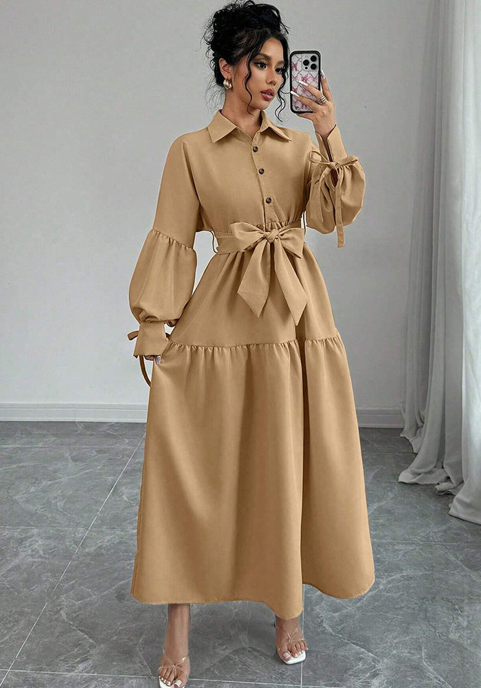 Women's Chic Fashion Tie-Up Long Sleeve Puff Sleeve Dress