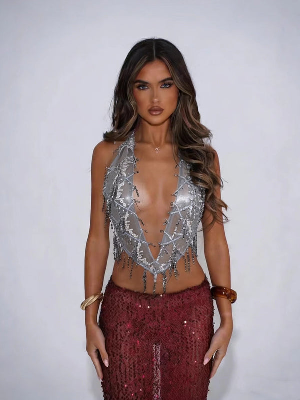 Sequined V-Neck Halter Tank Top for Party & Club Wear