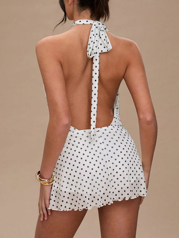 Polka Dot Sleeveless Halter Backless Mesh Mini Dress