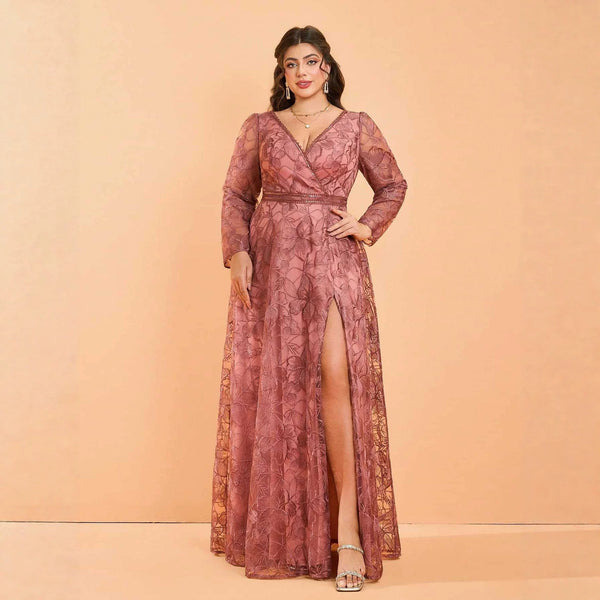 Plus Size Long Sleeve Split Slim Fit Formal Maxi Dress