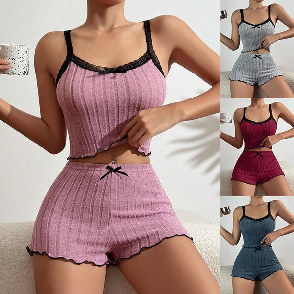 Women Casual Pajama Camisole Top and Shorts Lace Two-Piece Set