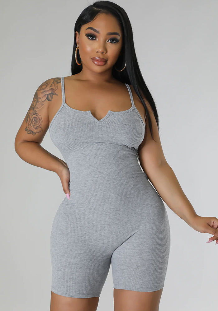 Women Ribbed V-Neck Slim Romper