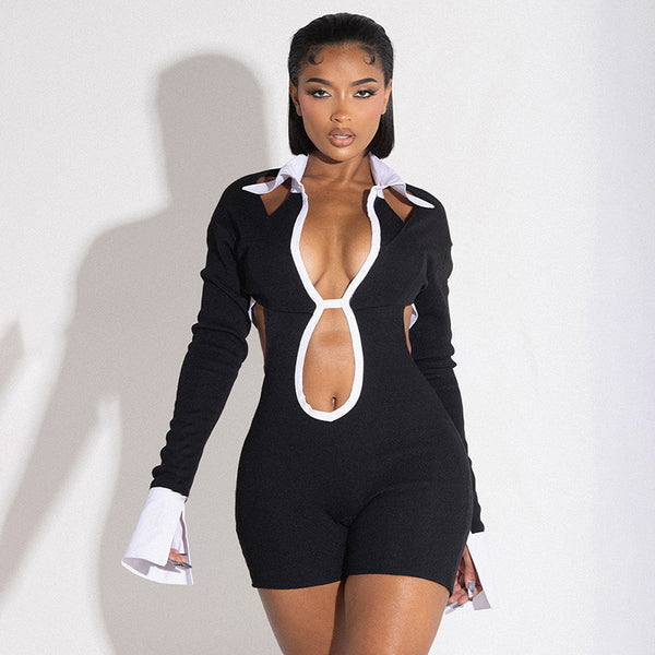 Women's Autumn Fashion Contrast Color Turndown Collar Tight Fitting One-Piece Casual Short Jumpsuit