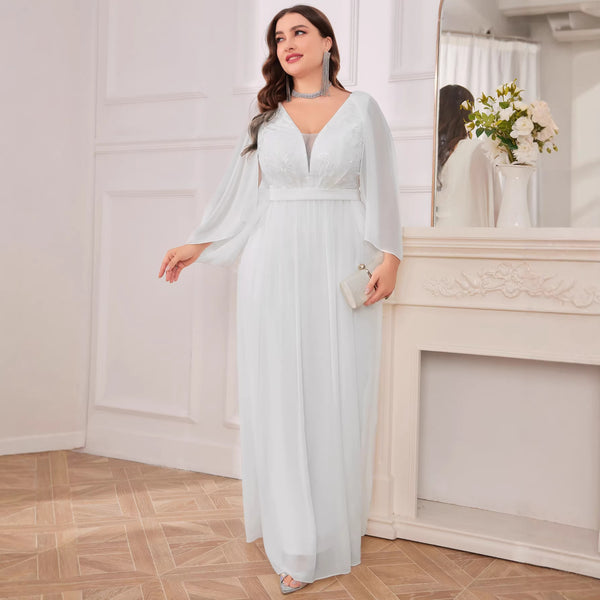 Plus Size Women White V-Neck Formal Party Maxi Evening Dress