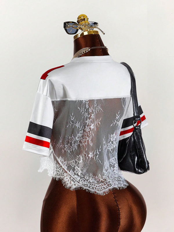 V-Neck Lace Patchwork See-Through T-Shirt for Casual Layering