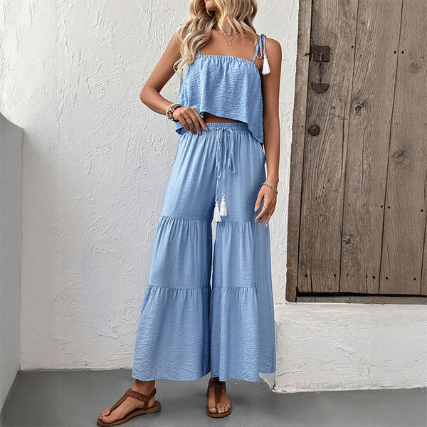 Women Holidays Spaghetti Strap Top and Wide-Leg Pants Two-Piece Set