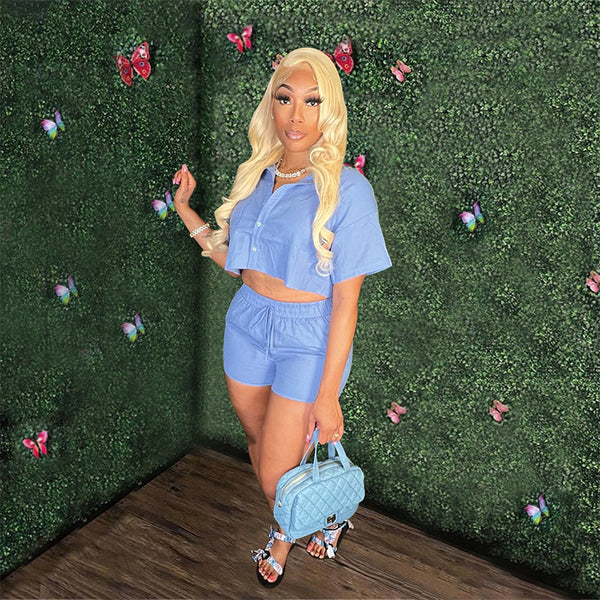 Short Sleeve Shirt & Elastic Pocket Shorts Set for Casual Wear