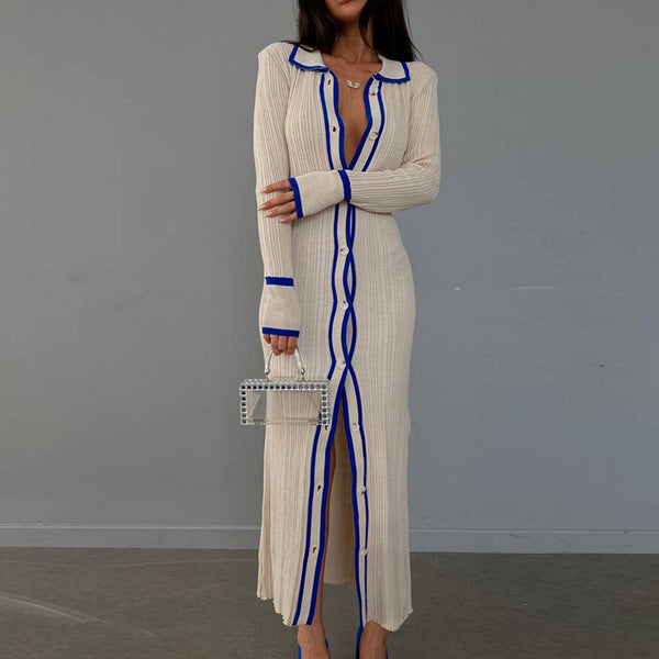 Women's Slim Fit Turndown Collar Patchwork Long Sleeve Tight Slim Shirt Dress